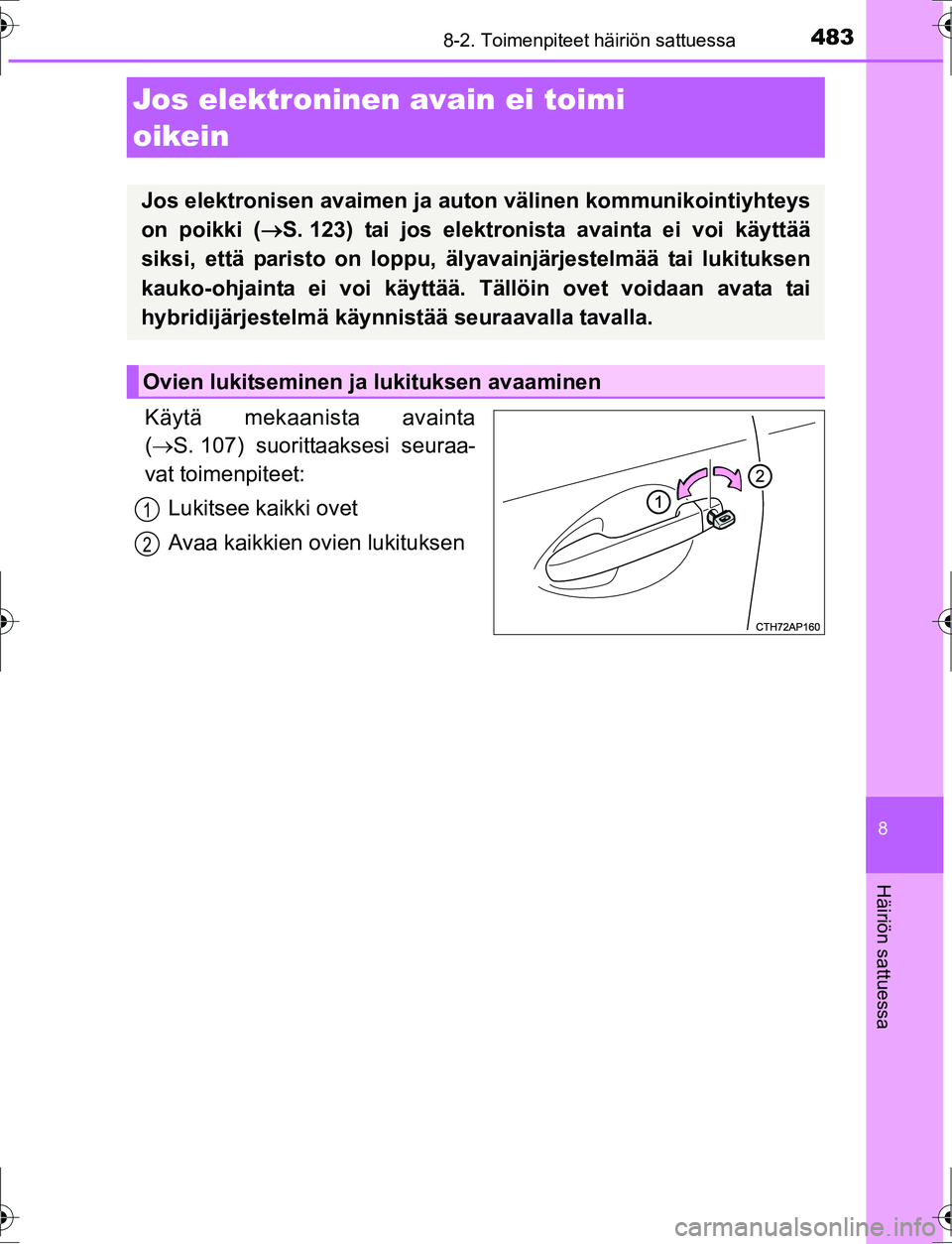 TOYOTA AURIS HYBRID 2016 Omistajan Käsikirja (in Finnish) 4838-2. Toimenpiteet häiriön sattuessa
OM12K47FI
8
Häiriön sattuessa
Käytä mekaanista avainta
( S. 107) suorittaaksesi seuraa-
vat toimenpiteet:
Lukitsee kaikki ovet
Avaa kaikkien ovien lukit TOYOTA AURIS HYBRID 2016 Omistajan Käsikirja (in Finnish) 4838-2. Toimenpiteet häiriön sattuessa
OM12K47FI
8
Häiriön sattuessa
Käytä mekaanista avainta
( S. 107) suorittaaksesi seuraa-
vat toimenpiteet:
Lukitsee kaikki ovet
Avaa kaikkien ovien lukit