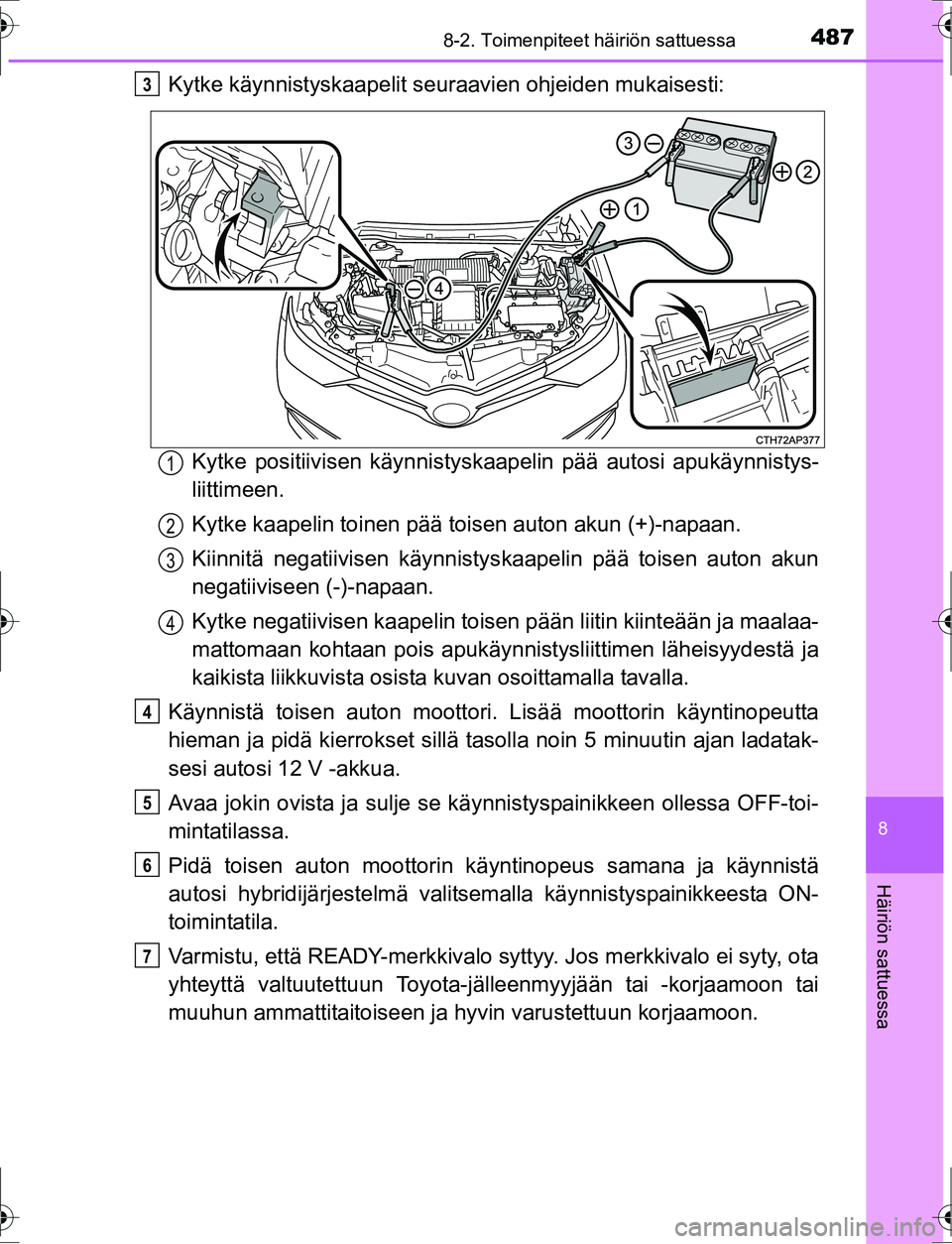 TOYOTA AURIS HYBRID 2016 Omistajan Käsikirja (in Finnish) 4878-2. Toimenpiteet häiriön sattuessa
OM12K47FI
8
Häiriön sattuessa
Kytke käynnistyskaapelit seuraavien ohjeiden mukaisesti:
Kytke positiivisen käynnistyskaa pelin pää autosi apukäynnistys-
TOYOTA AURIS HYBRID 2016 Omistajan Käsikirja (in Finnish) 4878-2. Toimenpiteet häiriön sattuessa
OM12K47FI
8
Häiriön sattuessa
Kytke käynnistyskaapelit seuraavien ohjeiden mukaisesti:
Kytke positiivisen käynnistyskaa pelin pää autosi apukäynnistys-