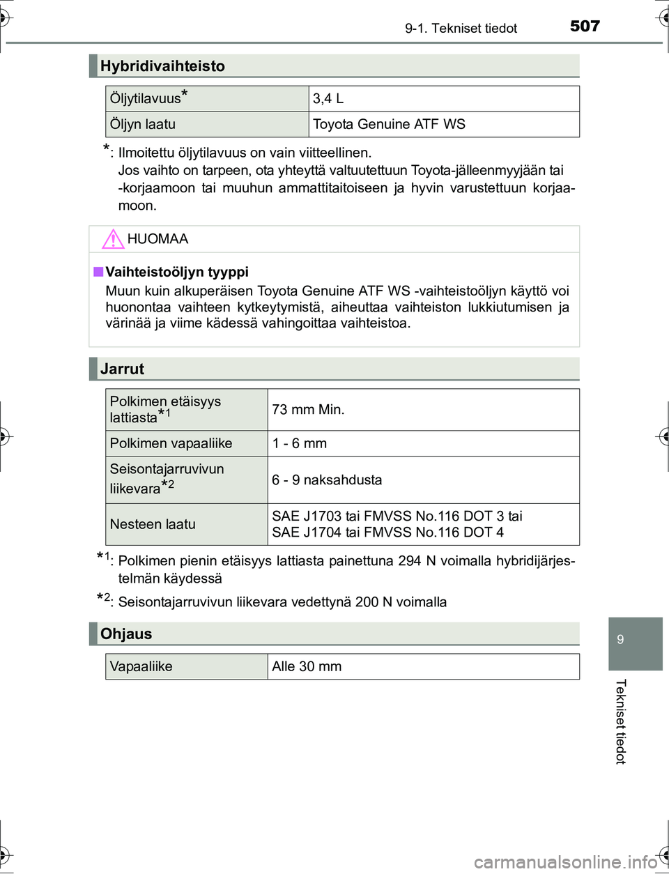 TOYOTA AURIS HYBRID 2016 Omistajan Käsikirja (in Finnish) 5079-1. Tekniset tiedot
OM12K47FI
9
Tekniset tiedot
*: Ilmoitettu öljytilavuus on vain viitteellinen.Jos vaihto on tarpeen, ota yhteyttä valtuutettuun Toyota-jälleenmyyjään tai
-korjaamoon tai m TOYOTA AURIS HYBRID 2016 Omistajan Käsikirja (in Finnish) 5079-1. Tekniset tiedot
OM12K47FI
9
Tekniset tiedot
*: Ilmoitettu öljytilavuus on vain viitteellinen.Jos vaihto on tarpeen, ota yhteyttä valtuutettuun Toyota-jälleenmyyjään tai
-korjaamoon tai m