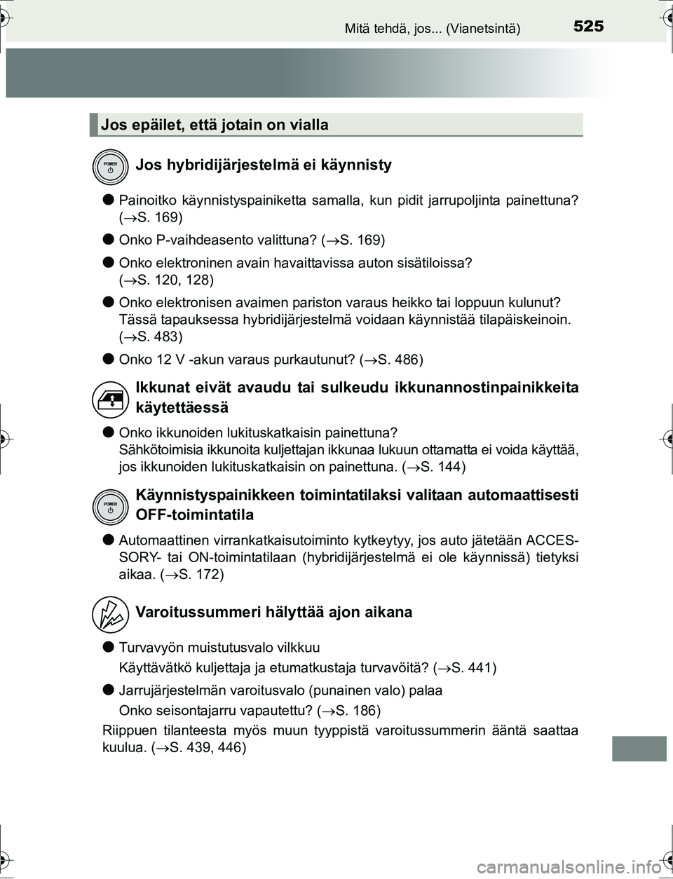 TOYOTA AURIS HYBRID 2016 Omistajan Käsikirja (in Finnish) 525Mitä tehdä, jos... (Vianetsintä)
OM12K47FI
lPainoitko käynnistyspainiketta samalla, kun pidit jarrupoljinta painettuna?
(S. 169)
lOnko P-vaihdeasento valittuna? ( S. 169)
lOnko elektronin TOYOTA AURIS HYBRID 2016 Omistajan Käsikirja (in Finnish) 525Mitä tehdä, jos... (Vianetsintä)
OM12K47FI
lPainoitko käynnistyspainiketta samalla, kun pidit jarrupoljinta painettuna?
(S. 169)
lOnko P-vaihdeasento valittuna? ( S. 169)
lOnko elektronin