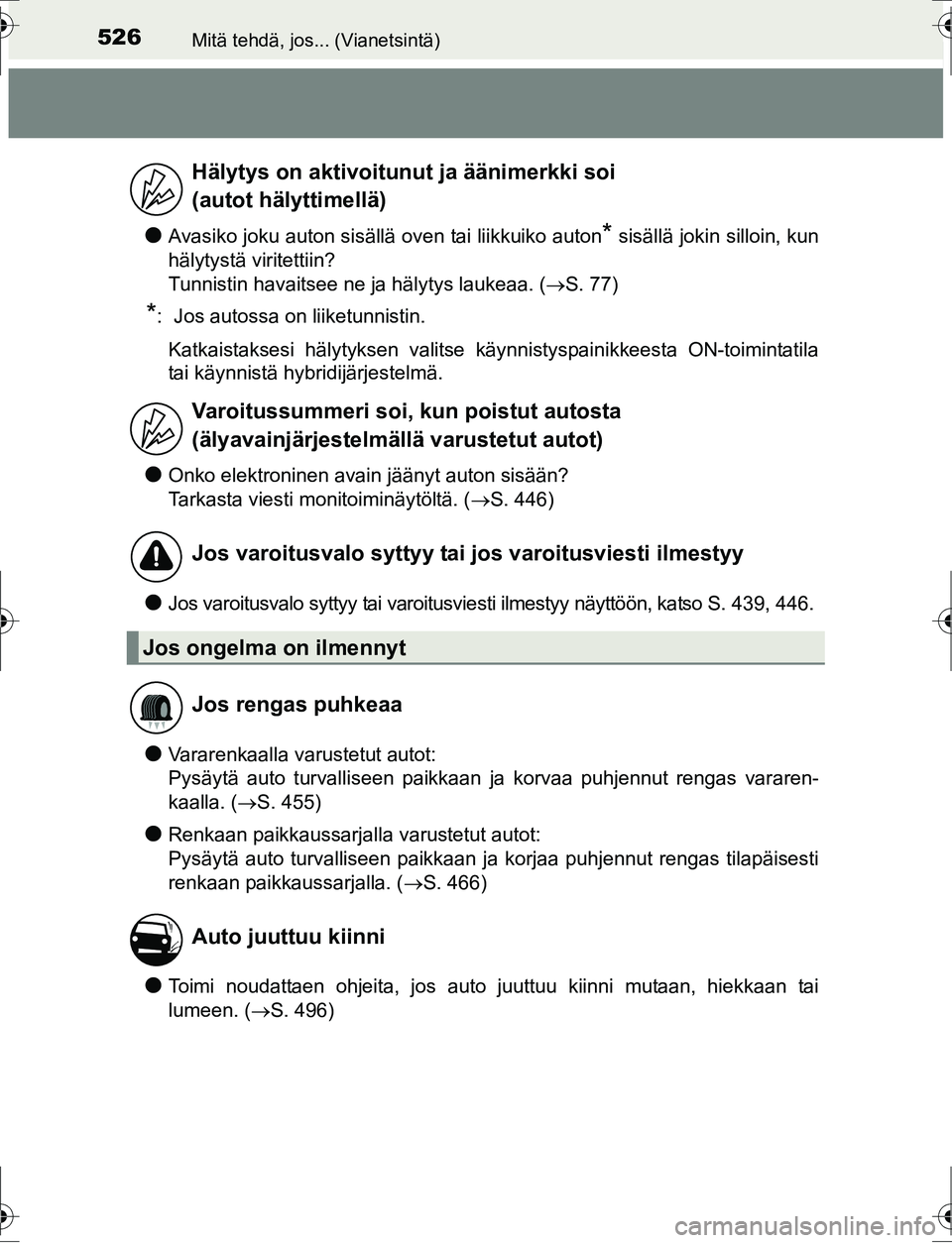 TOYOTA AURIS HYBRID 2016 Omistajan Käsikirja (in Finnish) 526Mitä tehdä, jos... (Vianetsintä)
OM12K47FI
lAvasiko joku auton sisällä oven tai liikkuiko auton* sisällä jokin silloin, kun
hälytystä viritettiin?
Tunnistin havaitsee ne ja hälytys lauke TOYOTA AURIS HYBRID 2016 Omistajan Käsikirja (in Finnish) 526Mitä tehdä, jos... (Vianetsintä)
OM12K47FI
lAvasiko joku auton sisällä oven tai liikkuiko auton* sisällä jokin silloin, kun
hälytystä viritettiin?
Tunnistin havaitsee ne ja hälytys lauke