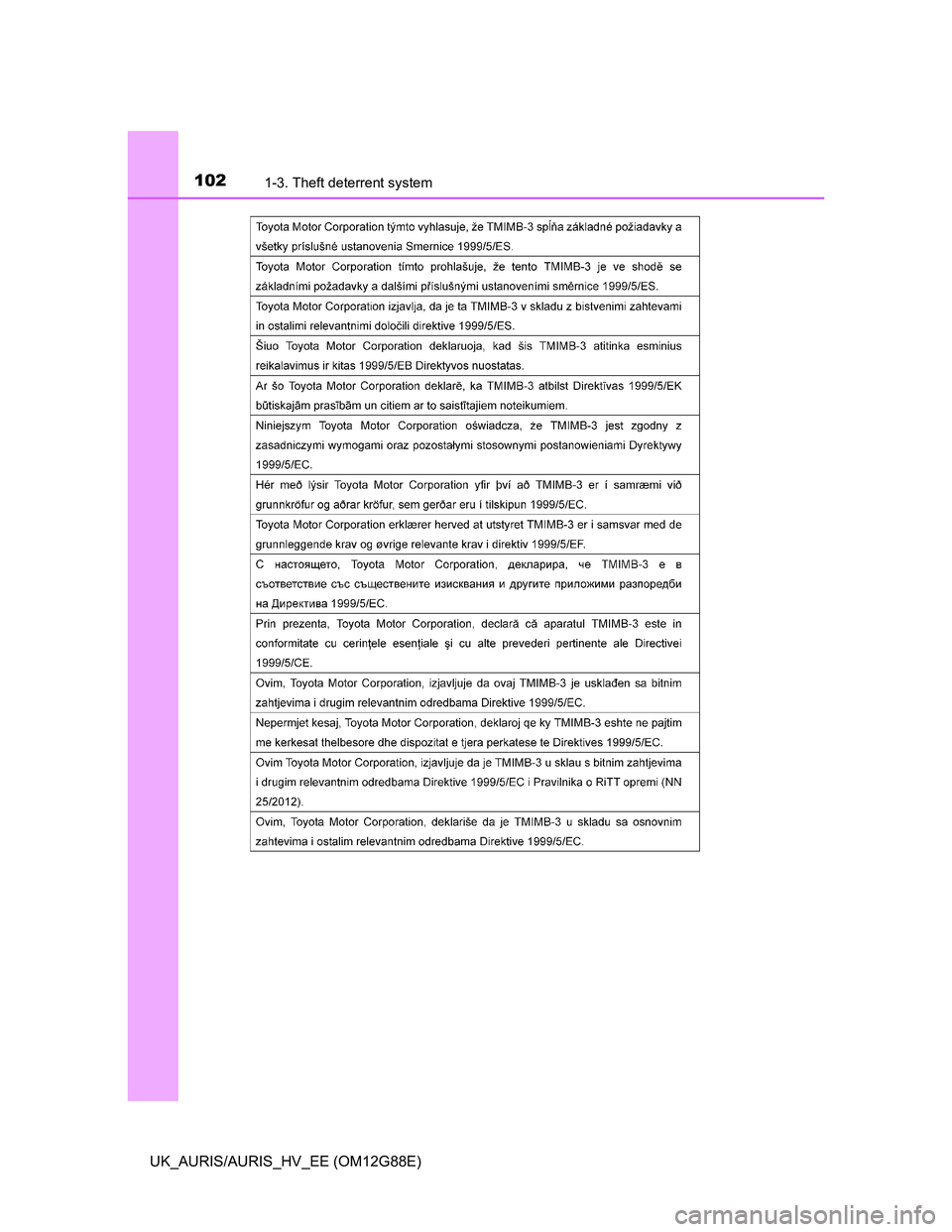 TOYOTA AURIS HYBRID 2014  Owners Manual 1021-3. Theft deterrent system
UK_AURIS/AURIS_HV_EE (OM12G88E) 