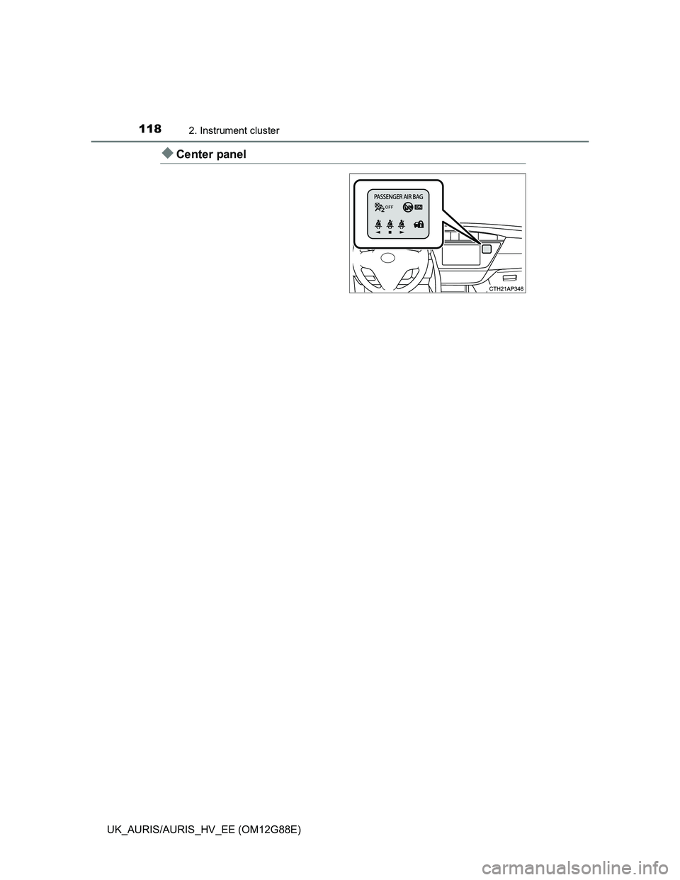 TOYOTA AURIS HYBRID 2014  Owners Manual 1182. Instrument cluster
UK_AURIS/AURIS_HV_EE (OM12G88E)
Center panel 