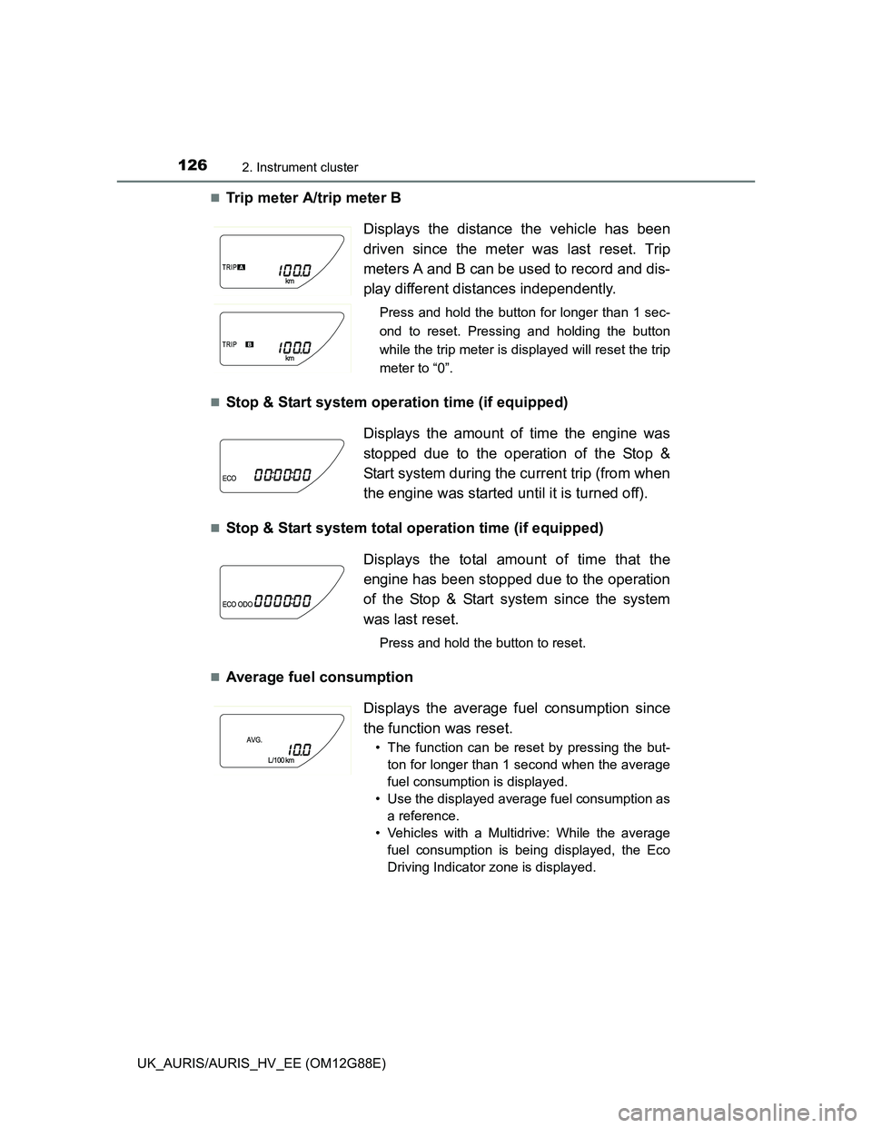 TOYOTA AURIS HYBRID 2014  Owners Manual 1262. Instrument cluster
UK_AURIS/AURIS_HV_EE (OM12G88E)
Trip meter A/trip meter B
Stop & Start system operation time (if equipped)
Stop & Start system total operation time (if equipped)
A