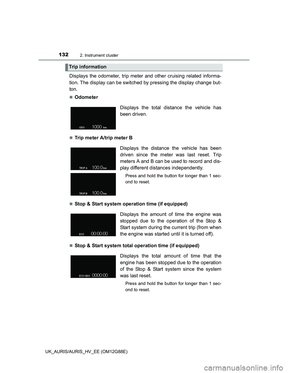 TOYOTA AURIS HYBRID 2014 Owners Manual 1322. Instrument cluster
UK_AURIS/AURIS_HV_EE (OM12G88E)
Displays the odometer, trip meter and other cruising related informa-
tion. The display can be switched by pressing the display change but-
ton TOYOTA AURIS HYBRID 2014 Owners Manual 1322. Instrument cluster
UK_AURIS/AURIS_HV_EE (OM12G88E)
Displays the odometer, trip meter and other cruising related informa-
tion. The display can be switched by pressing the display change but-
ton