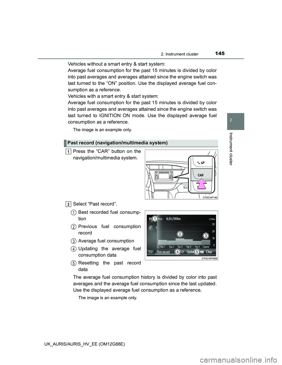 TOYOTA AURIS HYBRID 2014 Owners Manual 1452. Instrument cluster
UK_AURIS/AURIS_HV_EE (OM12G88E)
2
Instrument cluster
Vehicles without a smart entry & start system:
Average fuel consumption for the past 15 minutes is divided by color
into p TOYOTA AURIS HYBRID 2014 Owners Manual 1452. Instrument cluster
UK_AURIS/AURIS_HV_EE (OM12G88E)
2
Instrument cluster
Vehicles without a smart entry & start system:
Average fuel consumption for the past 15 minutes is divided by color
into p