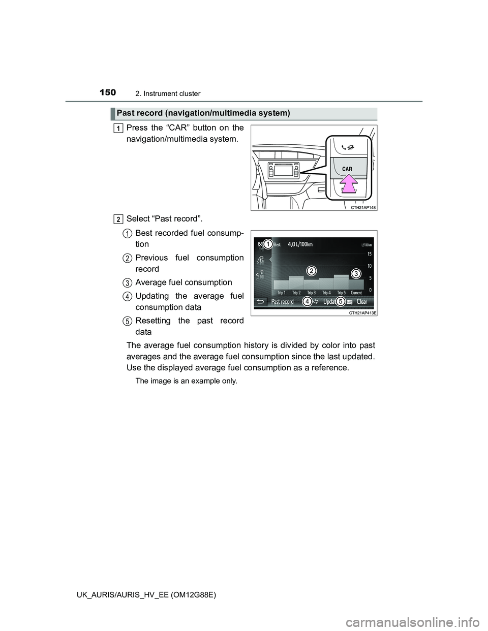 TOYOTA AURIS HYBRID 2014 Owners Manual 1502. Instrument cluster
UK_AURIS/AURIS_HV_EE (OM12G88E)
Press the “CAR” button on the
navigation/multimedia system.
Select “Past record”.
Best recorded fuel consump-
tion
Previous fuel consum TOYOTA AURIS HYBRID 2014 Owners Manual 1502. Instrument cluster
UK_AURIS/AURIS_HV_EE (OM12G88E)
Press the “CAR” button on the
navigation/multimedia system.
Select “Past record”.
Best recorded fuel consump-
tion
Previous fuel consum