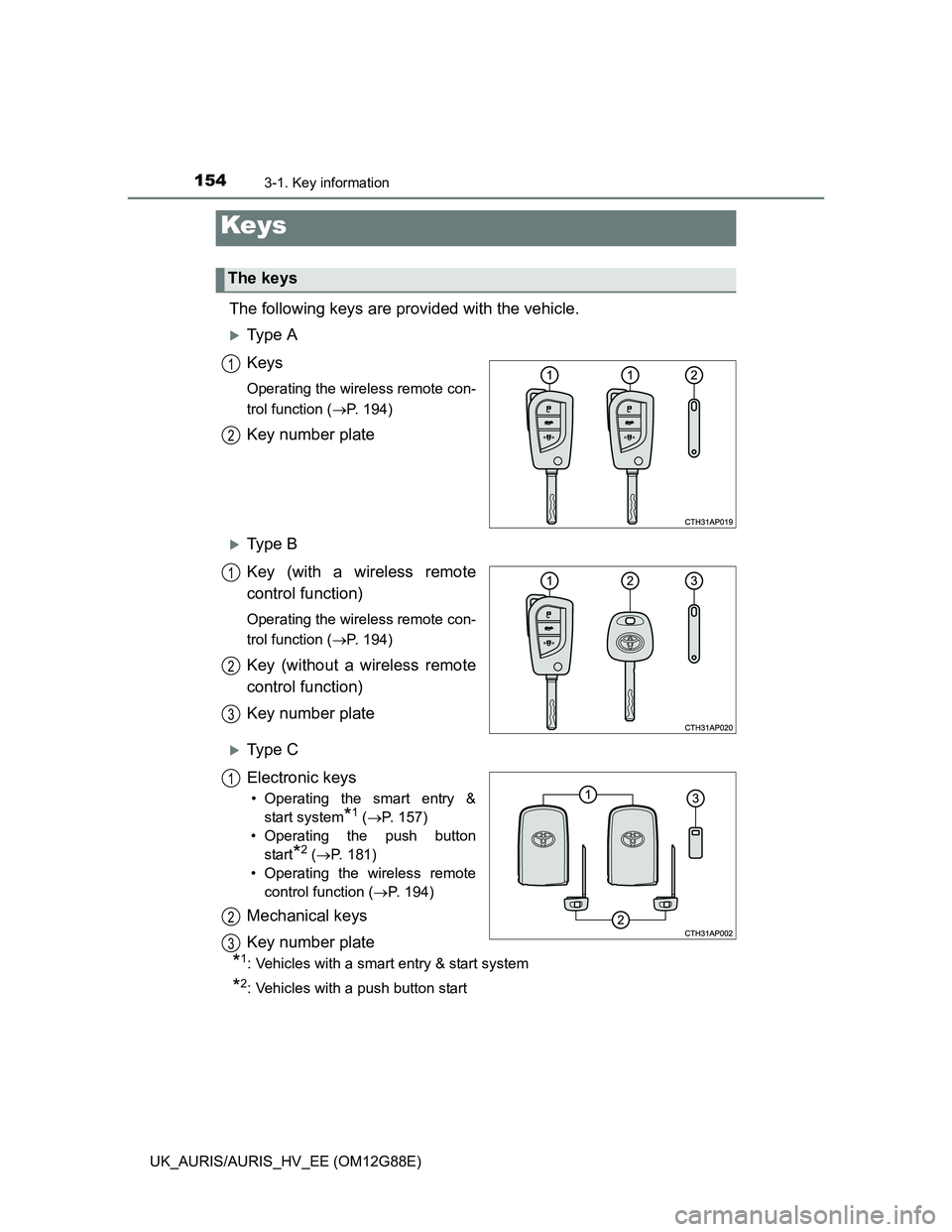 TOYOTA AURIS HYBRID 2014 Owners Manual 154
UK_AURIS/AURIS_HV_EE (OM12G88E)
3-1. Key information
The following keys are provided with the vehicle.
Ty p e A
Keys
Operating the wireless remote con-
trol function (P. 194)
Key number pla TOYOTA AURIS HYBRID 2014 Owners Manual 154
UK_AURIS/AURIS_HV_EE (OM12G88E)
3-1. Key information
The following keys are provided with the vehicle.
Ty p e A
Keys
Operating the wireless remote con-
trol function (P. 194)
Key number pla
