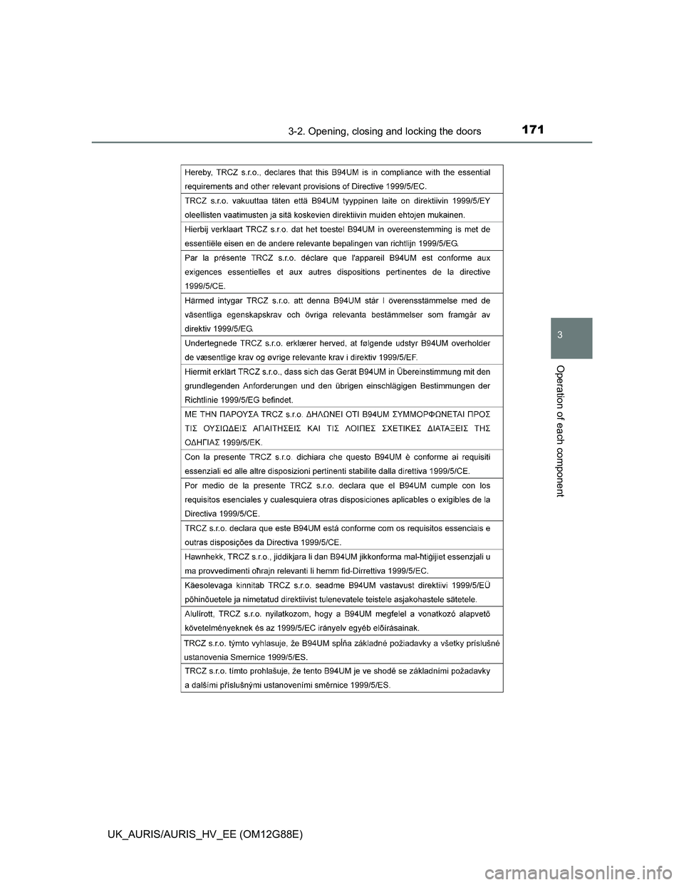 TOYOTA AURIS HYBRID 2014  Owners Manual 1713-2. Opening, closing and locking the doors
UK_AURIS/AURIS_HV_EE (OM12G88E)
3
Operation of each component 
