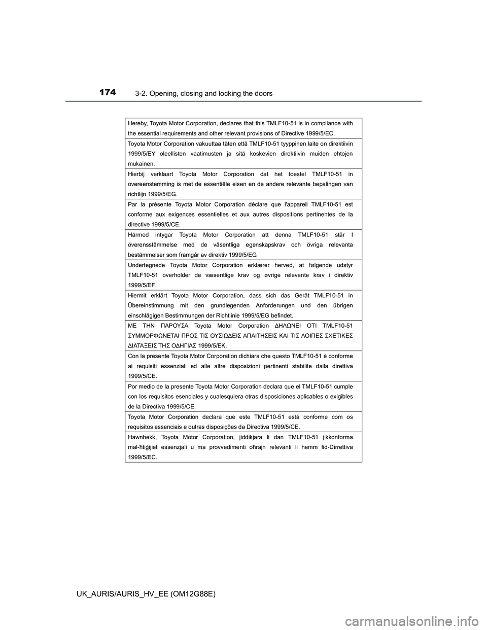 TOYOTA AURIS HYBRID 2014 Owners Manual 1743-2. Opening, closing and locking the doors
UK_AURIS/AURIS_HV_EE (OM12G88E)
Hereby, Toyota Motor Corporation, declares that this TMLF10-51 is in compliance with
the essential requirements and othe TOYOTA AURIS HYBRID 2014 Owners Manual 1743-2. Opening, closing and locking the doors
UK_AURIS/AURIS_HV_EE (OM12G88E)
Hereby, Toyota Motor Corporation, declares that this TMLF10-51 is in compliance with
the essential requirements and othe