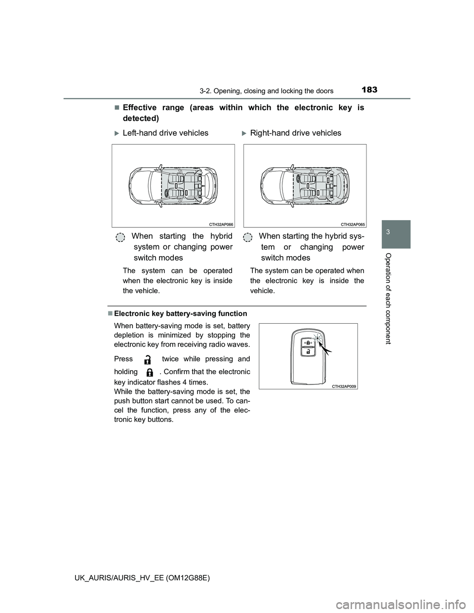 TOYOTA AURIS HYBRID 2014  Owners Manual 1833-2. Opening, closing and locking the doors
UK_AURIS/AURIS_HV_EE (OM12G88E)
3
Operation of each component
Effective range (areas within which the electronic key is
detected)
Electronic key ba