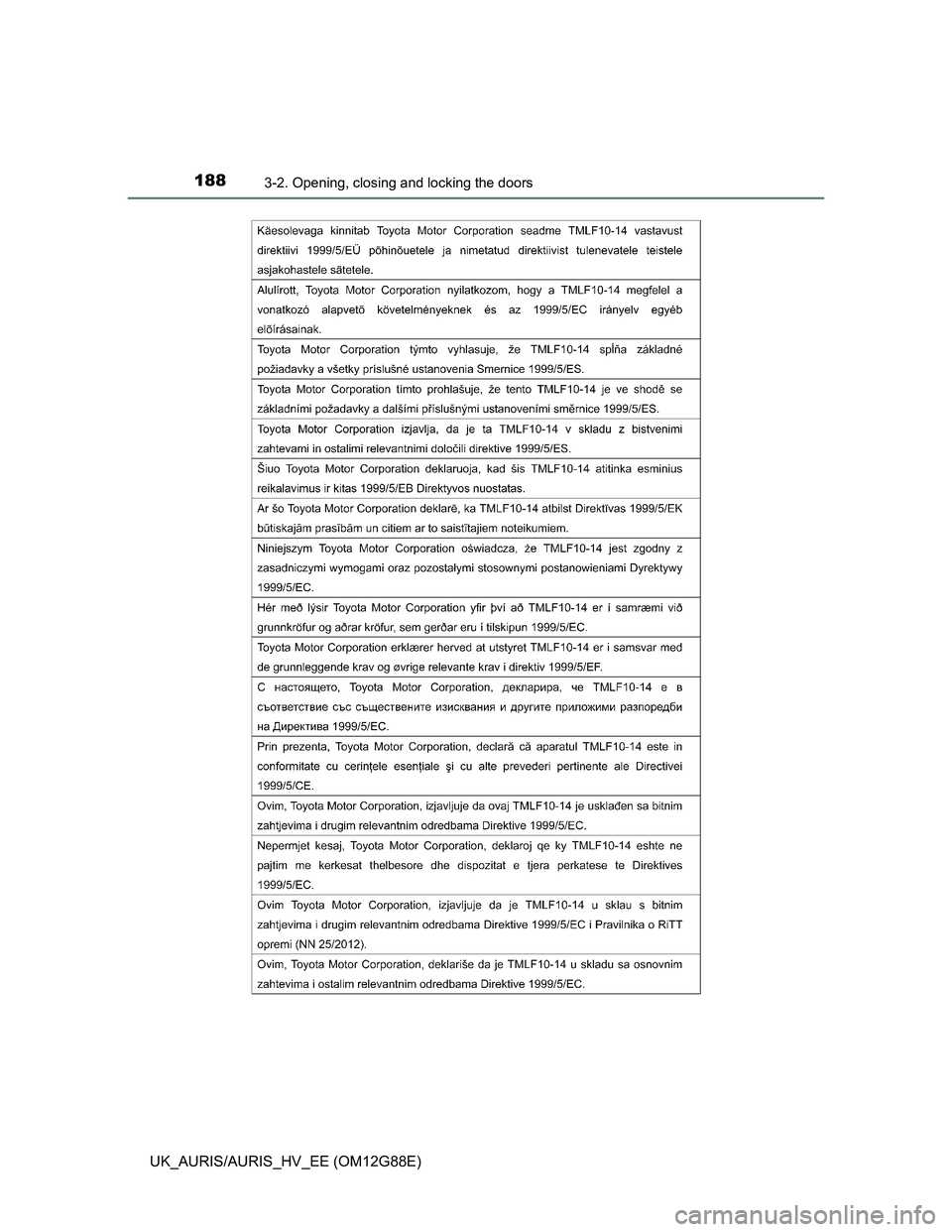 TOYOTA AURIS HYBRID 2014  Owners Manual 1883-2. Opening, closing and locking the doors
UK_AURIS/AURIS_HV_EE (OM12G88E) 