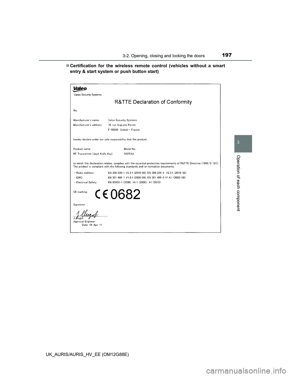 TOYOTA AURIS HYBRID 2014  Owners Manual 1973-2. Opening, closing and locking the doors
UK_AURIS/AURIS_HV_EE (OM12G88E)
3
Operation of each component
Certification for the wireless remote control (vehicles without a smart
entry & start sy