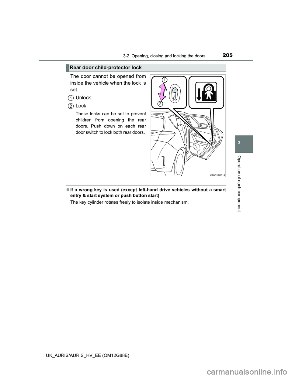 TOYOTA AURIS HYBRID 2014 Owners Manual 2053-2. Opening, closing and locking the doors
UK_AURIS/AURIS_HV_EE (OM12G88E)
3
Operation of each component
The door cannot be opened from
inside the vehicle when the lock is
set.
Unlock
Lock
These l TOYOTA AURIS HYBRID 2014 Owners Manual 2053-2. Opening, closing and locking the doors
UK_AURIS/AURIS_HV_EE (OM12G88E)
3
Operation of each component
The door cannot be opened from
inside the vehicle when the lock is
set.
Unlock
Lock
These l