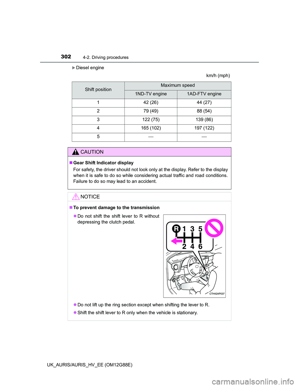TOYOTA AURIS HYBRID 2014 Owners Manual 3024-2. Driving procedures
UK_AURIS/AURIS_HV_EE (OM12G88E)
Diesel engine
km/h (mph)
Shift positionMaximum speed
1ND-TV engine1AD-FTV engine
142 (26)44 (27)
279 (49)88 (54)
3122 (75)139 (86)
4165 (1 TOYOTA AURIS HYBRID 2014 Owners Manual 3024-2. Driving procedures
UK_AURIS/AURIS_HV_EE (OM12G88E)
Diesel engine
km/h (mph)
Shift positionMaximum speed
1ND-TV engine1AD-FTV engine
142 (26)44 (27)
279 (49)88 (54)
3122 (75)139 (86)
4165 (1