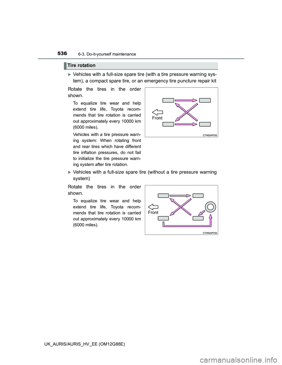 TOYOTA AURIS HYBRID 2014 Owners Manual 5366-3. Do-it-yourself maintenance
UK_AURIS/AURIS_HV_EE (OM12G88E)
Vehicles with a full-size spare tire (with a tire pressure warning sys-
tem), a compact spare tire, or an emergency tire puncture TOYOTA AURIS HYBRID 2014 Owners Manual 5366-3. Do-it-yourself maintenance
UK_AURIS/AURIS_HV_EE (OM12G88E)
Vehicles with a full-size spare tire (with a tire pressure warning sys-
tem), a compact spare tire, or an emergency tire puncture