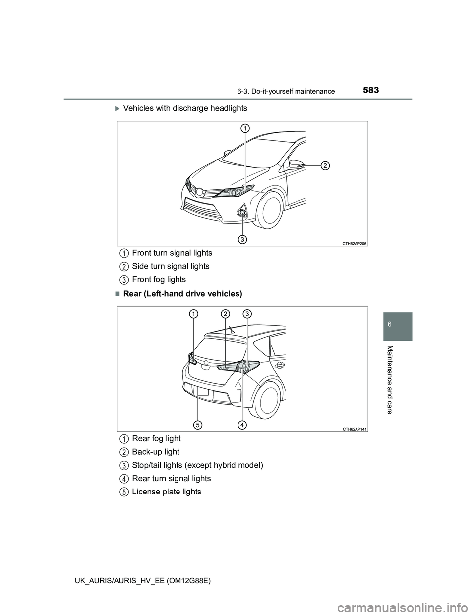 TOYOTA AURIS HYBRID 2014  Owners Manual 5836-3. Do-it-yourself maintenance
UK_AURIS/AURIS_HV_EE (OM12G88E)
6
Maintenance and care
Vehicles with discharge headlights
Rear (Left-hand drive vehicles)
Front turn signal lights
Side turn si