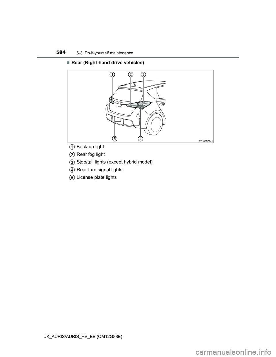 TOYOTA AURIS HYBRID 2014  Owners Manual 5846-3. Do-it-yourself maintenance
UK_AURIS/AURIS_HV_EE (OM12G88E)
Rear (Right-hand drive vehicles)
Back-up light
Rear fog light
Stop/tail lights (except hybrid model)
Rear turn signal lights
Licen