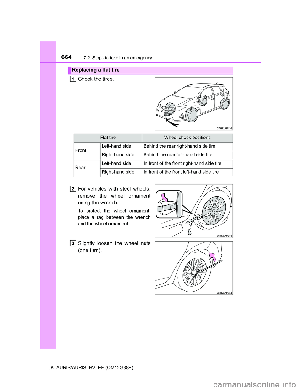 TOYOTA AURIS HYBRID 2014 Owners Manual 6647-2. Steps to take in an emergency
UK_AURIS/AURIS_HV_EE (OM12G88E)
Chock the tires.
For vehicles with steel wheels,
remove the wheel ornament
using the wrench.
To protect the wheel ornament,
place TOYOTA AURIS HYBRID 2014 Owners Manual 6647-2. Steps to take in an emergency
UK_AURIS/AURIS_HV_EE (OM12G88E)
Chock the tires.
For vehicles with steel wheels,
remove the wheel ornament
using the wrench.
To protect the wheel ornament,
place