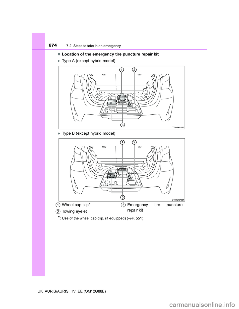 TOYOTA AURIS HYBRID 2014  Owners Manual 6747-2. Steps to take in an emergency
UK_AURIS/AURIS_HV_EE (OM12G88E)
Location of the emergency tire puncture repair kit
Type A (except hybrid model)
Type B (except hybrid model)
*: Use of th