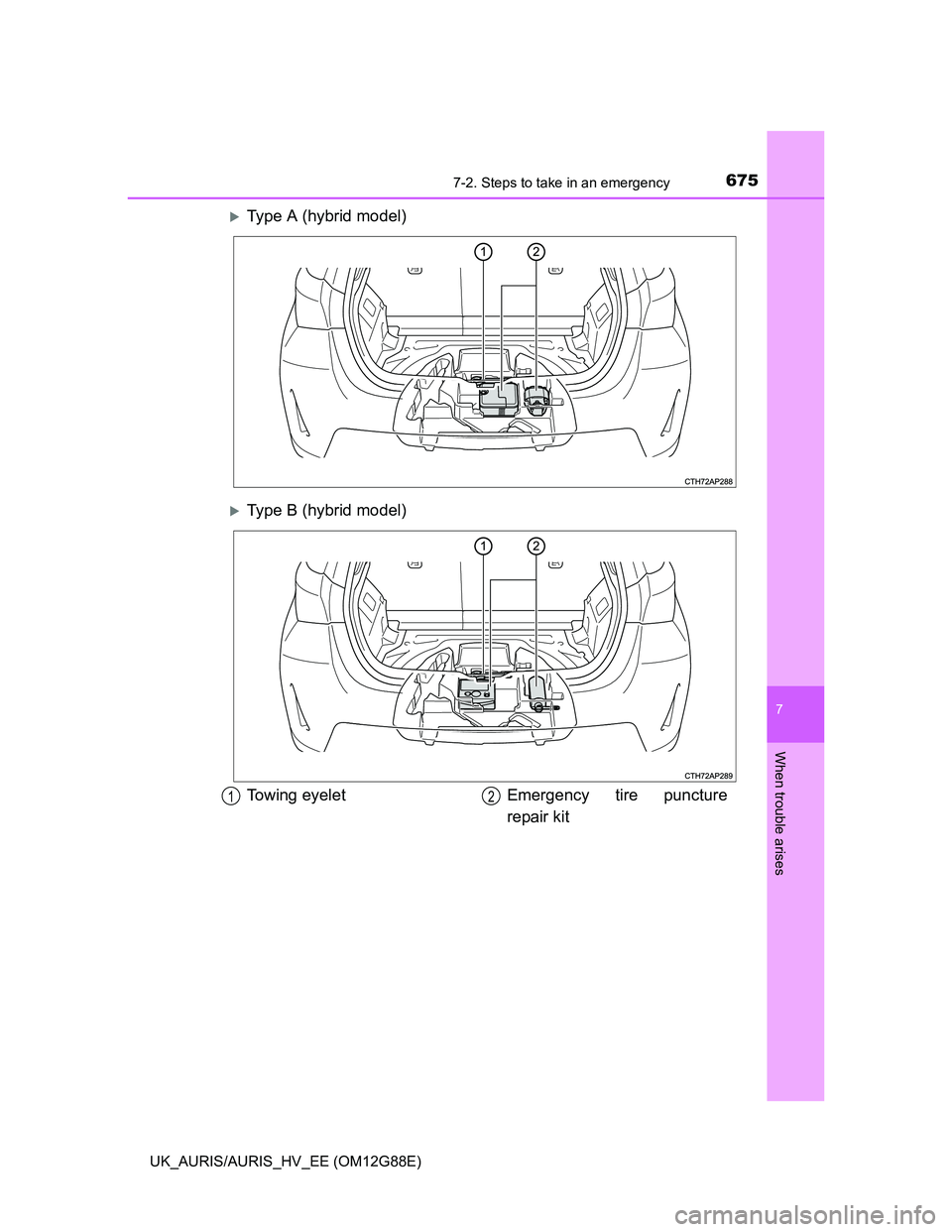 TOYOTA AURIS HYBRID 2014  Owners Manual 6757-2. Steps to take in an emergency
UK_AURIS/AURIS_HV_EE (OM12G88E)
7
When trouble arises
Type A (hybrid model)
Type B (hybrid model)
Towing eyelet Emergency  tire  puncture
repair kit12 