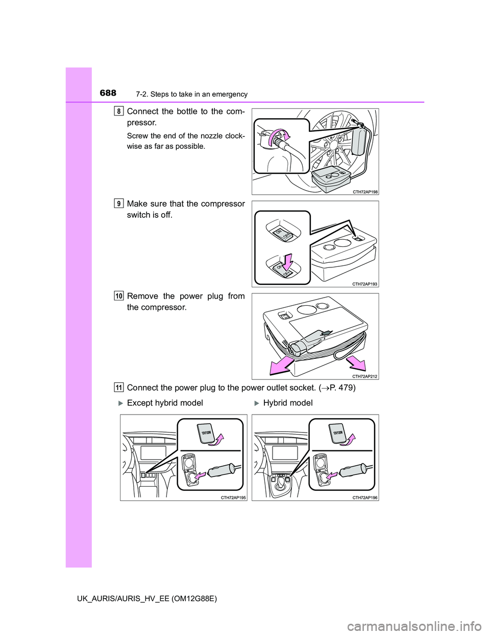 TOYOTA AURIS HYBRID 2014  Owners Manual 6887-2. Steps to take in an emergency
UK_AURIS/AURIS_HV_EE (OM12G88E)
Connect the bottle to the com-
pressor.
Screw the end of the nozzle clock-
wise as far as possible.
Make sure that the compressor
