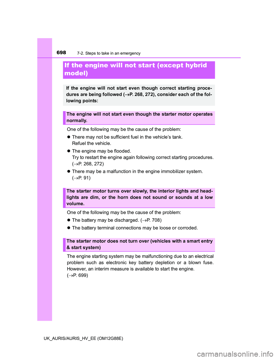 TOYOTA AURIS HYBRID 2014 Owners Manual 6987-2. Steps to take in an emergency
UK_AURIS/AURIS_HV_EE (OM12G88E)
One of the following may be the cause of the problem:
There may not be sufficient fuel in the vehicle’s tank.
Refuel the veh TOYOTA AURIS HYBRID 2014 Owners Manual 6987-2. Steps to take in an emergency
UK_AURIS/AURIS_HV_EE (OM12G88E)
One of the following may be the cause of the problem:
There may not be sufficient fuel in the vehicle’s tank.
Refuel the veh