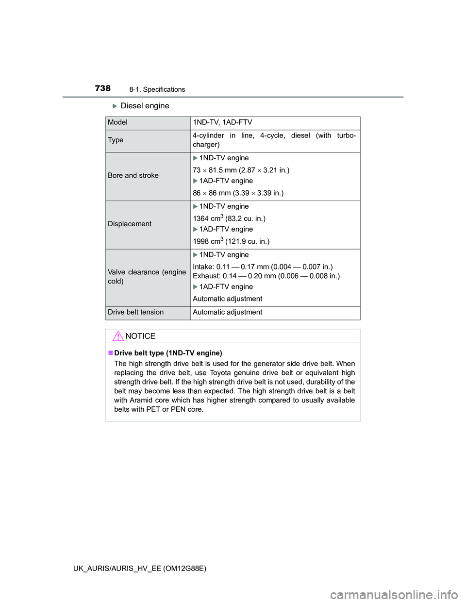 TOYOTA AURIS HYBRID 2014 Owners Manual 7388-1. Specifications
UK_AURIS/AURIS_HV_EE (OM12G88E)
Diesel engine
Model 1ND-TV, 1AD-FTV
Ty p e4-cylinder in line, 4-cycle, diesel (with turbo-
charger)
Bore and stroke
1ND-TV engine
73 81 TOYOTA AURIS HYBRID 2014 Owners Manual 7388-1. Specifications
UK_AURIS/AURIS_HV_EE (OM12G88E)
Diesel engine
Model 1ND-TV, 1AD-FTV
Ty p e4-cylinder in line, 4-cycle, diesel (with turbo-
charger)
Bore and stroke
1ND-TV engine
73 81