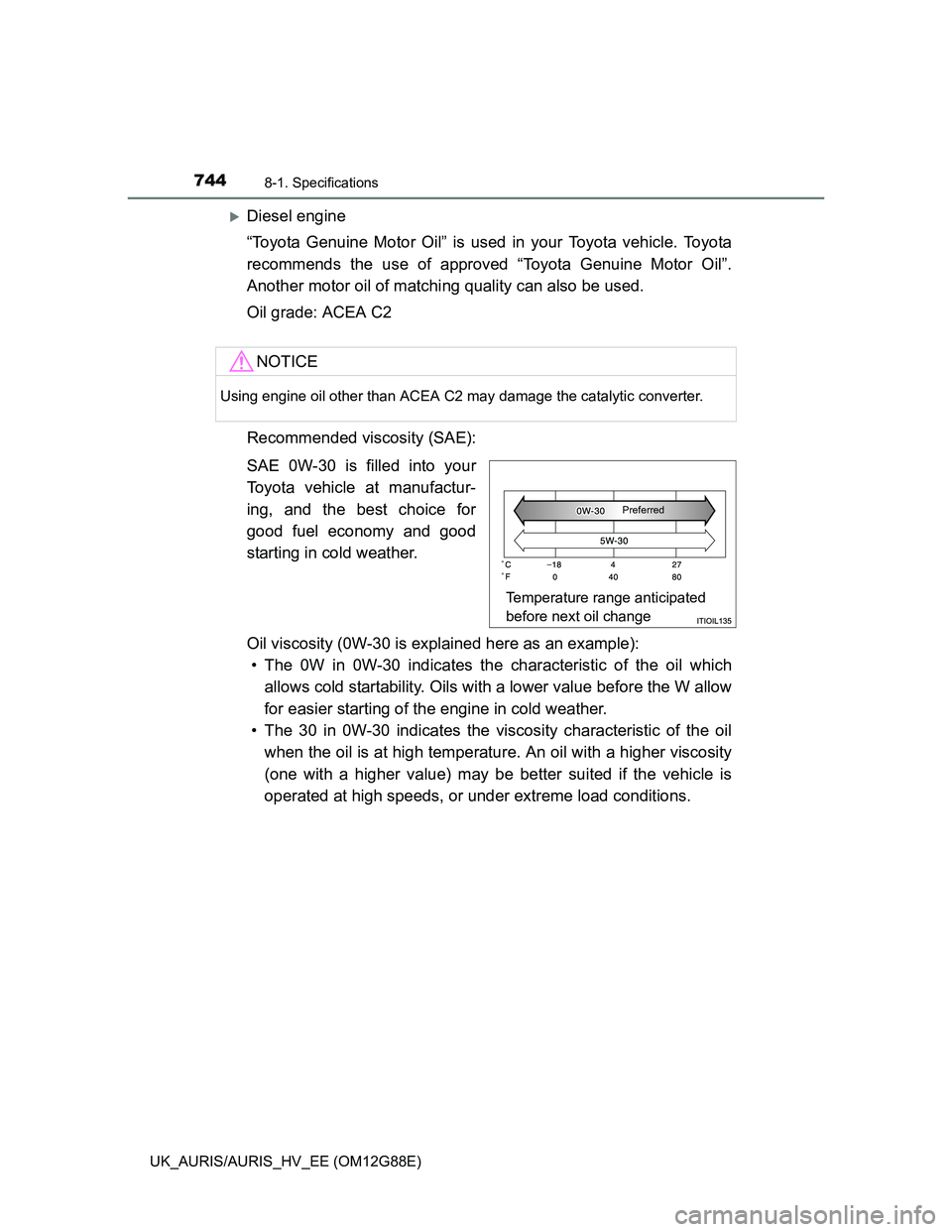 TOYOTA AURIS HYBRID 2014 Owners Manual 7448-1. Specifications
UK_AURIS/AURIS_HV_EE (OM12G88E)
Diesel engine
“Toyota Genuine Motor Oil” is used in your Toyota vehicle. Toyota
recommends the use of approved “Toyota Genuine Motor Oil TOYOTA AURIS HYBRID 2014 Owners Manual 7448-1. Specifications
UK_AURIS/AURIS_HV_EE (OM12G88E)
Diesel engine
“Toyota Genuine Motor Oil” is used in your Toyota vehicle. Toyota
recommends the use of approved “Toyota Genuine Motor Oil