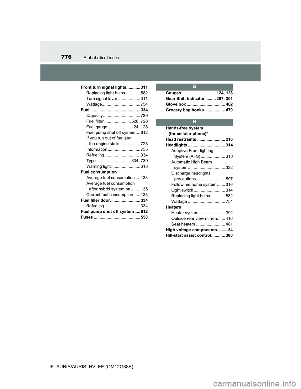 TOYOTA AURIS HYBRID 2014  Owners Manual 776Alphabetical index
UK_AURIS/AURIS_HV_EE (OM12G88E)
Front turn signal lights............ 311
Replacing light bulbs ............. 582
Turn signal lever ................... 311
Wattage................