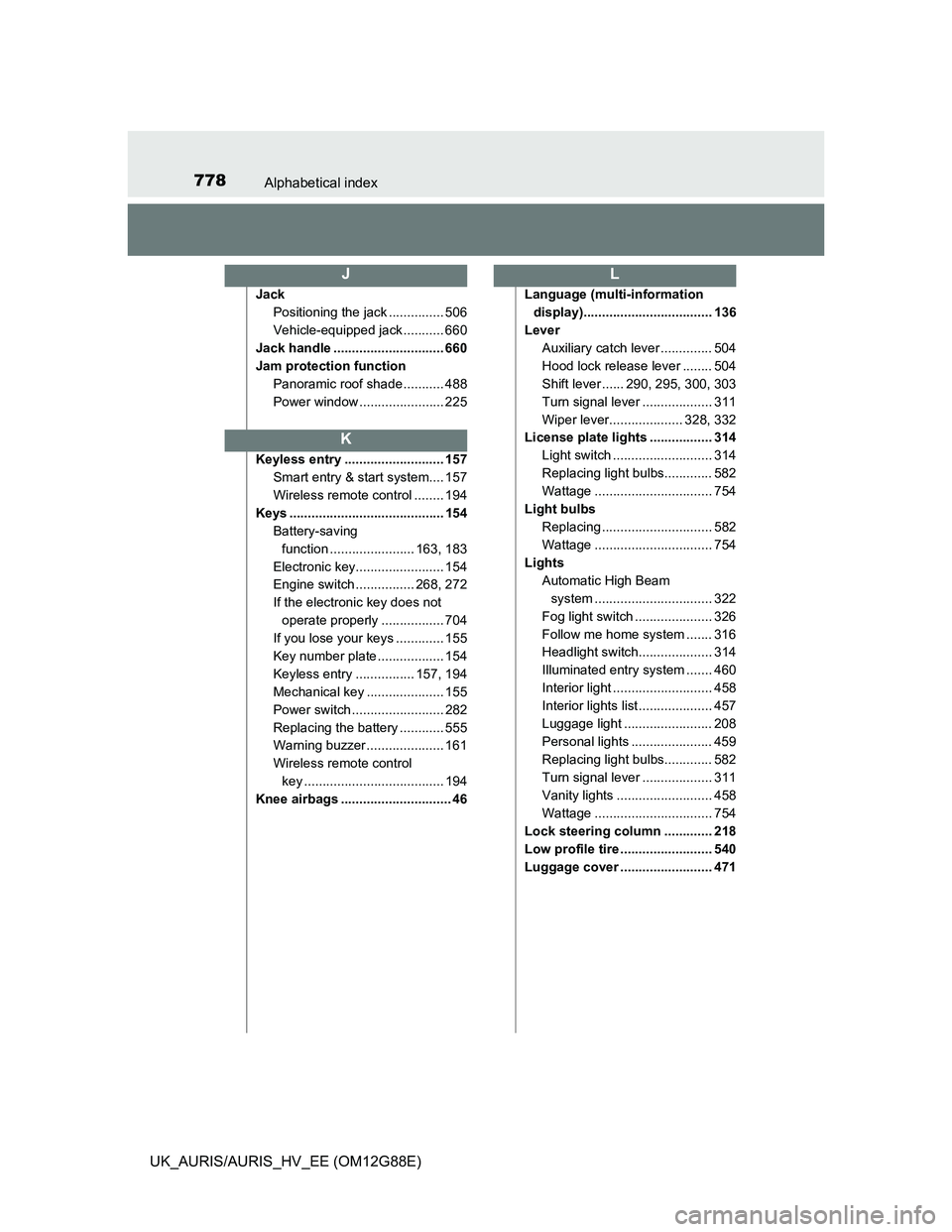 TOYOTA AURIS HYBRID 2014 Owners Manual 778Alphabetical index
UK_AURIS/AURIS_HV_EE (OM12G88E)
Jack
Positioning the jack ............... 506
Vehicle-equipped jack ........... 660
Jack handle .............................. 660
Jam protection TOYOTA AURIS HYBRID 2014 Owners Manual 778Alphabetical index
UK_AURIS/AURIS_HV_EE (OM12G88E)
Jack
Positioning the jack ............... 506
Vehicle-equipped jack ........... 660
Jack handle .............................. 660
Jam protection
