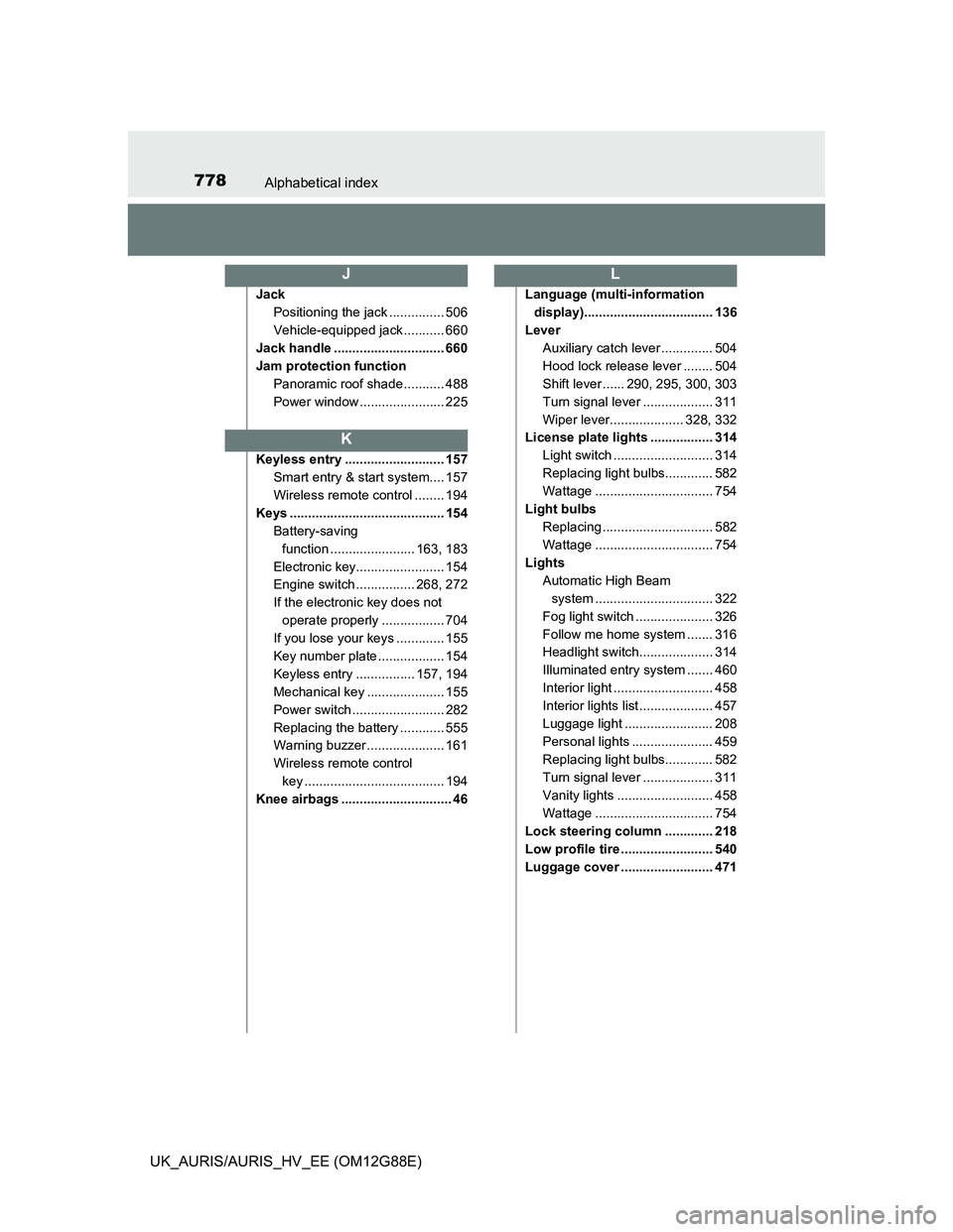 TOYOTA AURIS HYBRID 2014  Owners Manual 778Alphabetical index
UK_AURIS/AURIS_HV_EE (OM12G88E)
Jack
Positioning the jack ............... 506
Vehicle-equipped jack ........... 660
Jack handle .............................. 660
Jam protection 