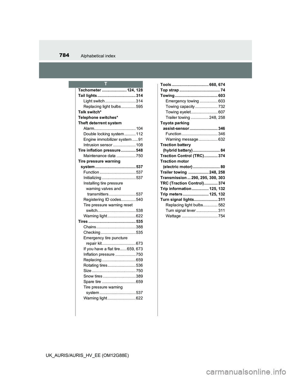 TOYOTA AURIS HYBRID 2014 Owners Manual 784Alphabetical index
UK_AURIS/AURIS_HV_EE (OM12G88E)
Tachometer ...................... 124, 128
Tail lights .................................. 314
Light switch ........................... 314
Replaci TOYOTA AURIS HYBRID 2014 Owners Manual 784Alphabetical index
UK_AURIS/AURIS_HV_EE (OM12G88E)
Tachometer ...................... 124, 128
Tail lights .................................. 314
Light switch ........................... 314
Replaci