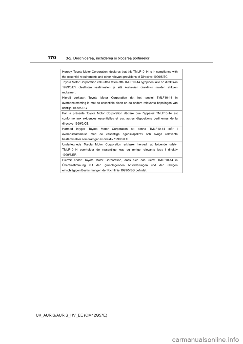 TOYOTA AURIS HYBRID 2014  Manual de utilizare (in Romanian) 1703-2. Deschiderea, închiderea şi blocarea portierelor
UK_AURIS/AURIS_HV_EE (OM12G57E)
Hereby, Toyota Motor Corporation, declares that this TMLF10-14 is in compliance with 
the essential requiremen