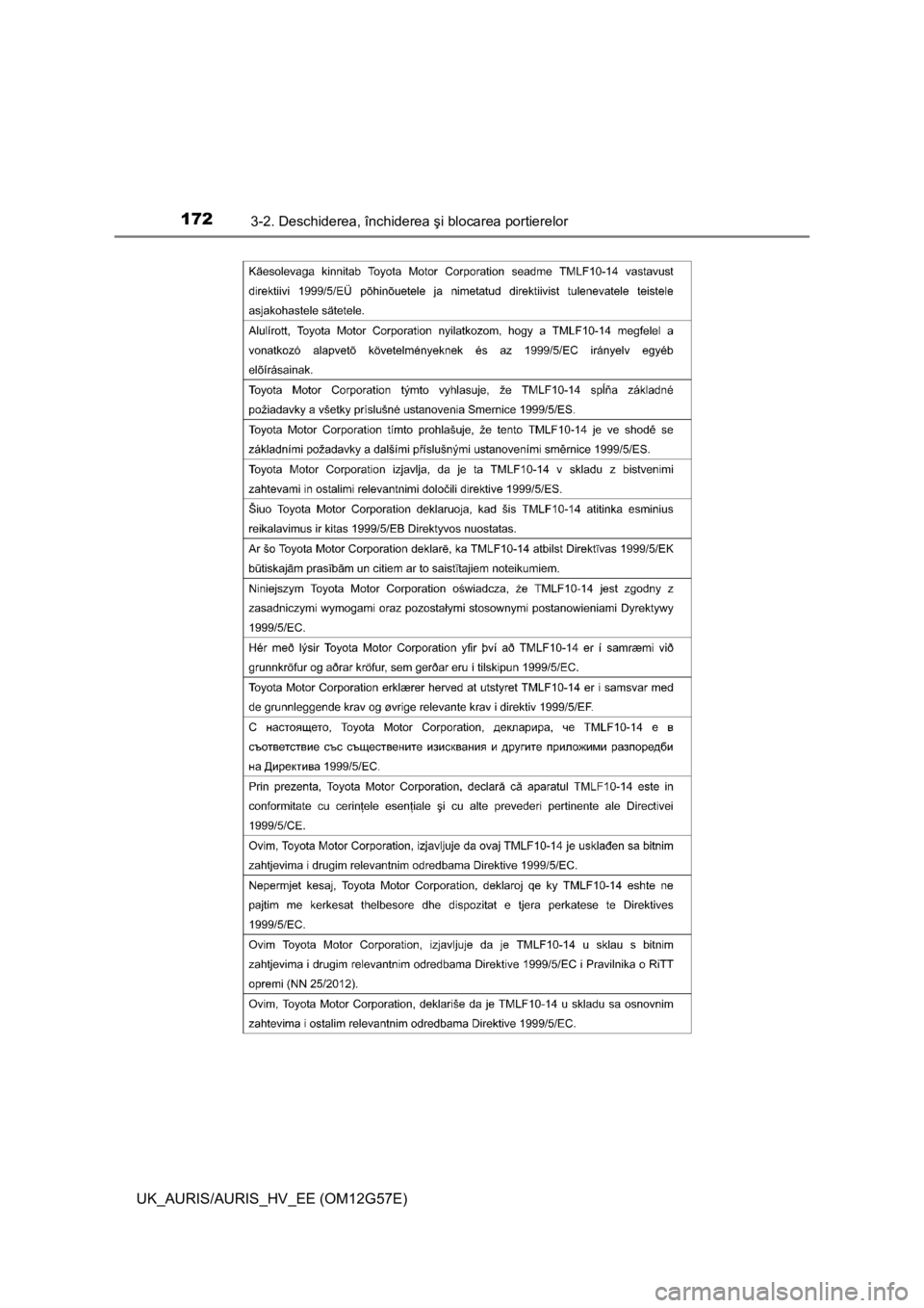 TOYOTA AURIS HYBRID 2014  Manual de utilizare (in Romanian) 1723-2. Deschiderea, închiderea şi blocarea portierelor
UK_AURIS/AURIS_HV_EE (OM12G57E) 