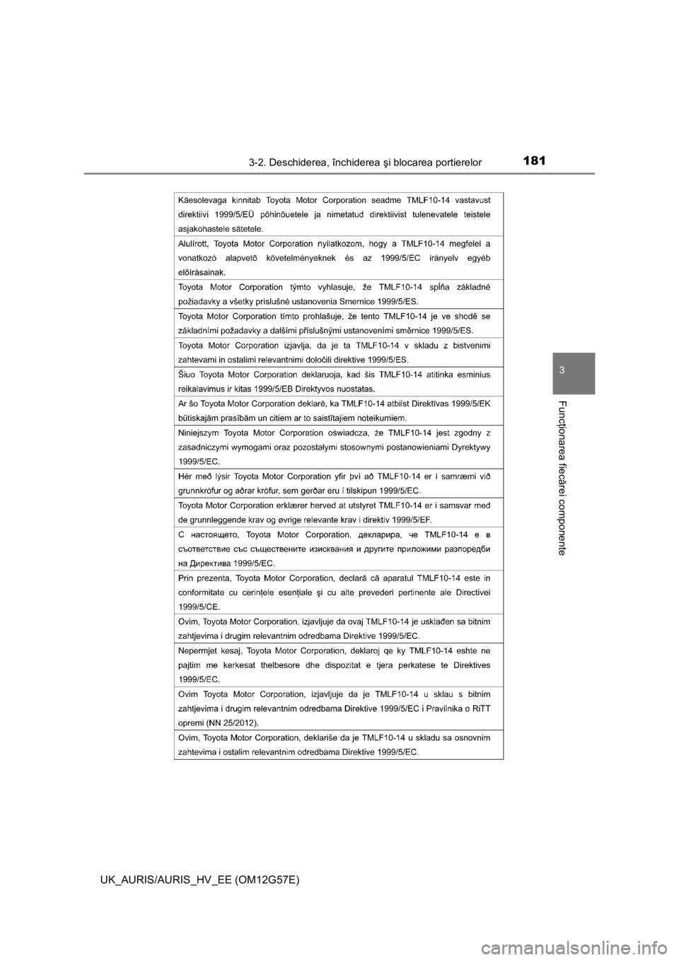TOYOTA AURIS HYBRID 2014  Manual de utilizare (in Romanian) 1813-2. Deschiderea, închiderea şi blocarea portierelor
UK_AURIS/AURIS_HV_EE (OM12G57E)
3
Funcţionarea fiecărei componente 