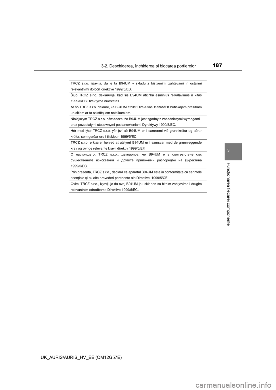 TOYOTA AURIS HYBRID 2014  Manual de utilizare (in Romanian) 1873-2. Deschiderea, închiderea şi blocarea portierelor
UK_AURIS/AURIS_HV_EE (OM12G57E)
3
Funcţionarea fiecărei componente
TRCZ s.r.o. izjavlja, da je ta B94UM v skladu z bistvenimi zahtevami in o
