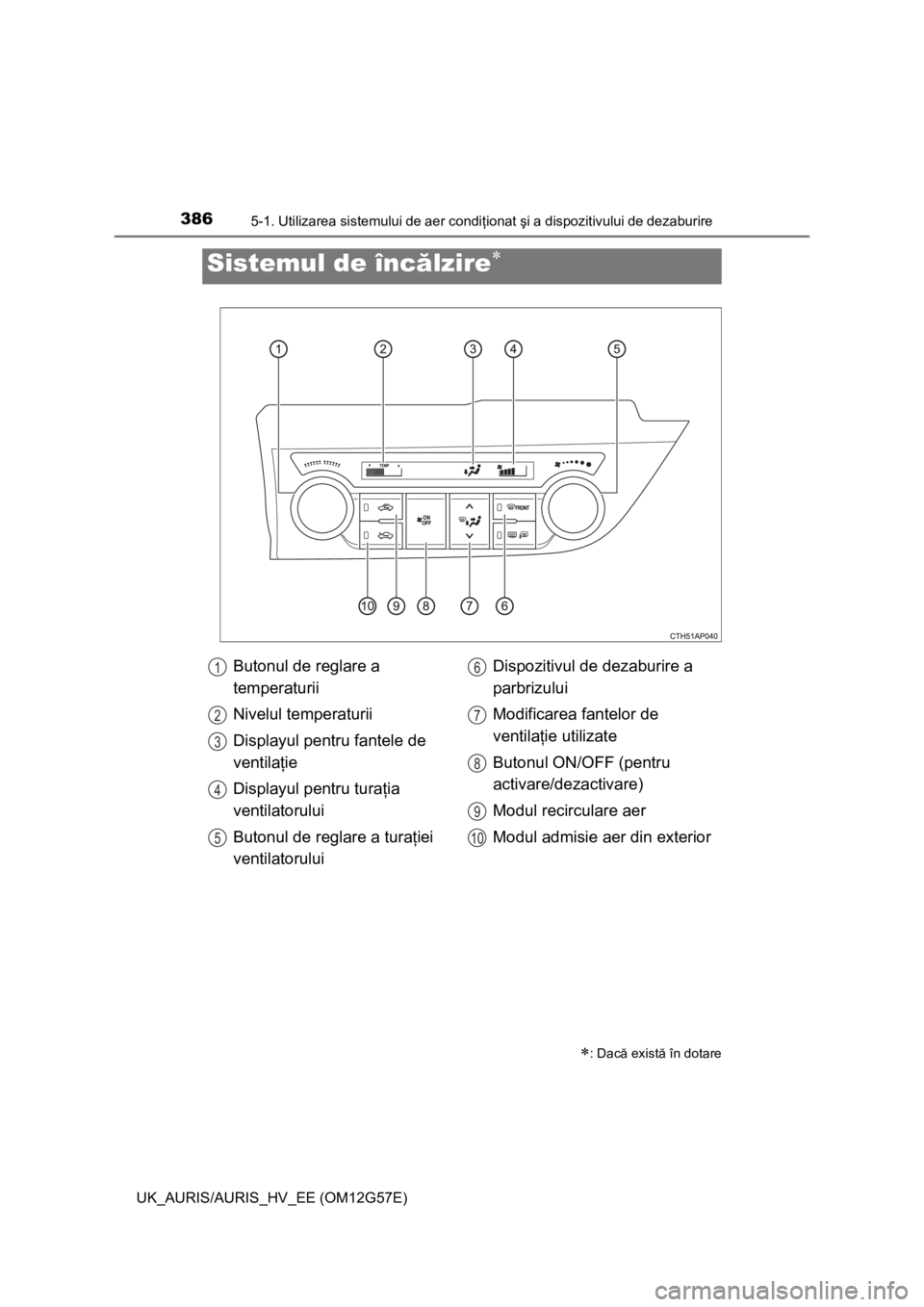 TOYOTA AURIS HYBRID 2014 Manual de utilizare (in Romanian) 386
UK_AURIS/AURIS_HV_EE (OM12G57E)
5-1. Utilizarea sistemului de aer condiţionat şi a dispozitivului de dezaburire
Sistemul de încălzire
: Dacă există în dotare
Butonul de reglare a
tem TOYOTA AURIS HYBRID 2014 Manual de utilizare (in Romanian) 386
UK_AURIS/AURIS_HV_EE (OM12G57E)
5-1. Utilizarea sistemului de aer condiţionat şi a dispozitivului de dezaburire
Sistemul de încălzire
: Dacă există în dotare
Butonul de reglare a
tem