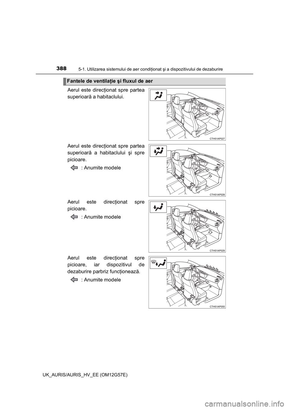 TOYOTA AURIS HYBRID 2014 Manual de utilizare (in Romanian) 3885-1. Utilizarea sistemului de aer condiţionat şi a dispozitivului de dezaburire
UK_AURIS/AURIS_HV_EE (OM12G57E)
Aerul este direcţionat spre partea
superioară a habitaclului.
Aerul este direcţi TOYOTA AURIS HYBRID 2014 Manual de utilizare (in Romanian) 3885-1. Utilizarea sistemului de aer condiţionat şi a dispozitivului de dezaburire
UK_AURIS/AURIS_HV_EE (OM12G57E)
Aerul este direcţionat spre partea
superioară a habitaclului.
Aerul este direcţi