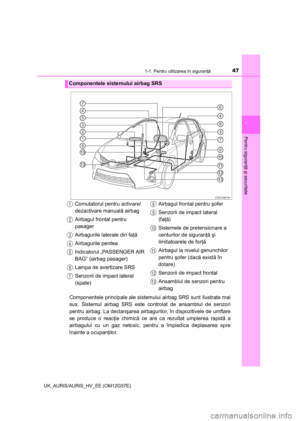 TOYOTA AURIS HYBRID 2013 Manual de utilizare (in Romanian) 471-1. Pentru utilizarea în siguranţă
1
Pentru siguranţă şi securitate
UK_AURIS/AURIS_HV_EE (OM12G57E)
Componentele principale ale sistemului airbag SRS sunt ilustrate mai
sus. Sistemul airbag S TOYOTA AURIS HYBRID 2013 Manual de utilizare (in Romanian) 471-1. Pentru utilizarea în siguranţă
1
Pentru siguranţă şi securitate
UK_AURIS/AURIS_HV_EE (OM12G57E)
Componentele principale ale sistemului airbag SRS sunt ilustrate mai
sus. Sistemul airbag S