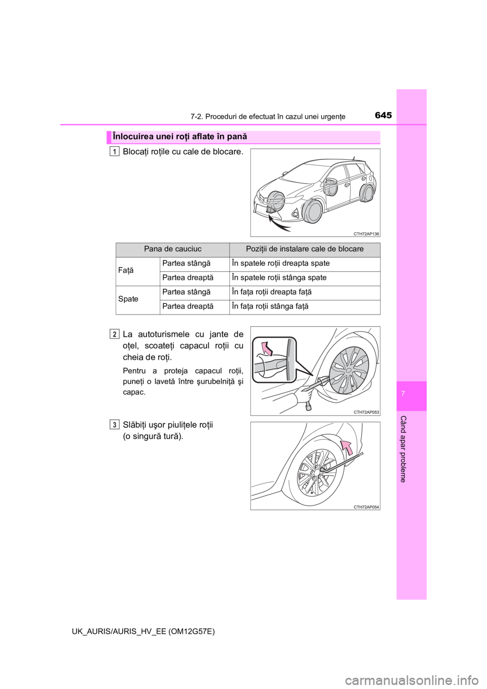 TOYOTA AURIS HYBRID 2014 Manual de utilizare (in Romanian) 6457-2. Proceduri de efectuat în cazul unei urgenţe
UK_AURIS/AURIS_HV_EE (OM12G57E)
7
Când apar probleme
Blocaţi roţile cu cale de blocare.
La autoturismele cu jante de
oţel, scoateţi capacul r TOYOTA AURIS HYBRID 2014 Manual de utilizare (in Romanian) 6457-2. Proceduri de efectuat în cazul unei urgenţe
UK_AURIS/AURIS_HV_EE (OM12G57E)
7
Când apar probleme
Blocaţi roţile cu cale de blocare.
La autoturismele cu jante de
oţel, scoateţi capacul r
