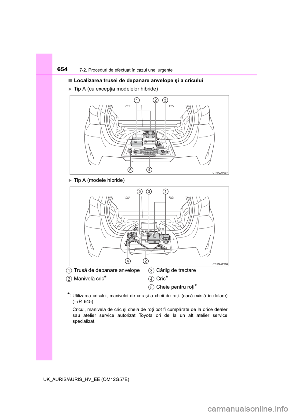 TOYOTA AURIS HYBRID 2014  Manual de utilizare (in Romanian) 6547-2. Proceduri de efectuat în cazul unei urgenţe
UK_AURIS/AURIS_HV_EE (OM12G57E)■
Localizarea trusei de depanare anvelope şi a cricului
Tip A (cu excepţia modelelor hibride)
Tip A (mode