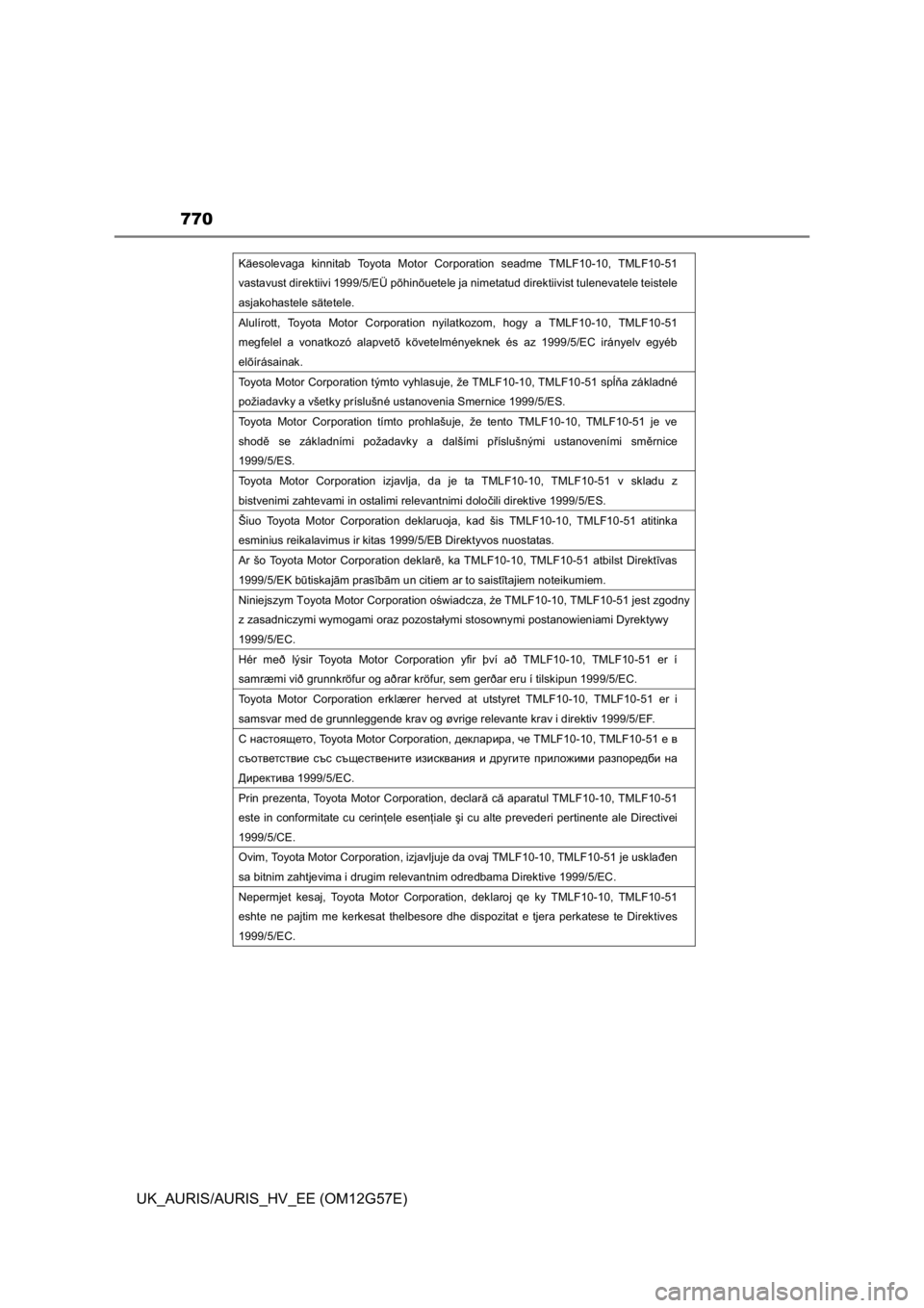 TOYOTA AURIS HYBRID 2014 Manual de utilizare (in Romanian) 770
UK_AURIS/AURIS_HV_EE (OM12G57E)
Käesolevaga kinnitab Toyota Motor Corporation seadme TMLF10-10, TMLF10-51
vastavust direktiivi 1999/5/EÜ põhinõuetele ja nimetatud direktiivist tulenevatele te TOYOTA AURIS HYBRID 2014 Manual de utilizare (in Romanian) 770
UK_AURIS/AURIS_HV_EE (OM12G57E)
Käesolevaga kinnitab Toyota Motor Corporation seadme TMLF10-10, TMLF10-51
vastavust direktiivi 1999/5/EÜ põhinõuetele ja nimetatud direktiivist tulenevatele te