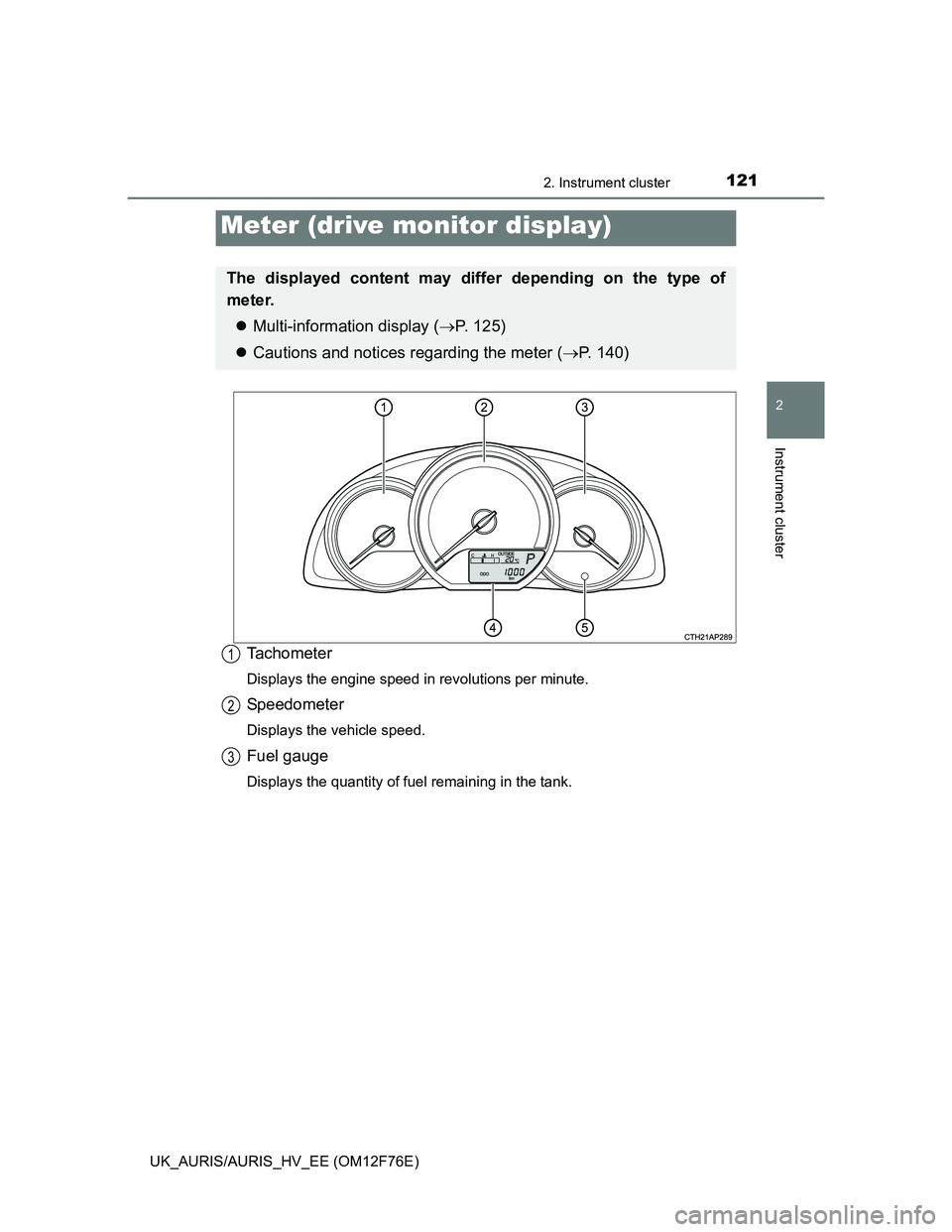 TOYOTA AURIS HYBRID 2013 Owners Manual 1212. Instrument cluster
UK_AURIS/AURIS_HV_EE (OM12F76E)
2
Instrument cluster
Tachometer
Displays the engine speed in revolutions per minute.
Speedometer
Displays the vehicle speed.
Fuel gauge
Display TOYOTA AURIS HYBRID 2013 Owners Manual 1212. Instrument cluster
UK_AURIS/AURIS_HV_EE (OM12F76E)
2
Instrument cluster
Tachometer
Displays the engine speed in revolutions per minute.
Speedometer
Displays the vehicle speed.
Fuel gauge
Display