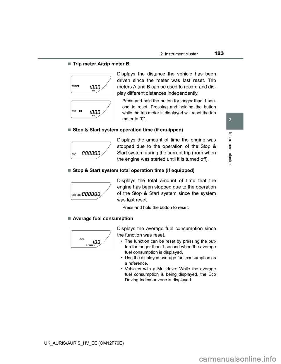 TOYOTA AURIS HYBRID 2013 Owners Manual 1232. Instrument cluster
UK_AURIS/AURIS_HV_EE (OM12F76E)
2
Instrument cluster
Trip meter A/trip meter B
Stop & Start system operation time (if equipped)
Stop & Start system total operation ti TOYOTA AURIS HYBRID 2013 Owners Manual 1232. Instrument cluster
UK_AURIS/AURIS_HV_EE (OM12F76E)
2
Instrument cluster
Trip meter A/trip meter B
Stop & Start system operation time (if equipped)
Stop & Start system total operation ti