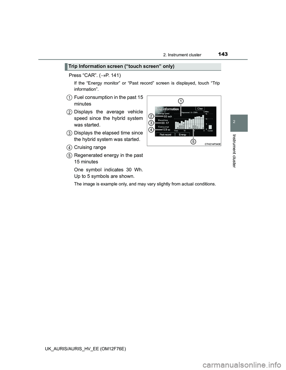 TOYOTA AURIS HYBRID 2013  Owners Manual 1432. Instrument cluster
UK_AURIS/AURIS_HV_EE (OM12F76E)
2
Instrument cluster
Press “CAR”. (P. 141)
If the “Energy monitor” or “Past record” screen is displayed, touch “Trip
informati