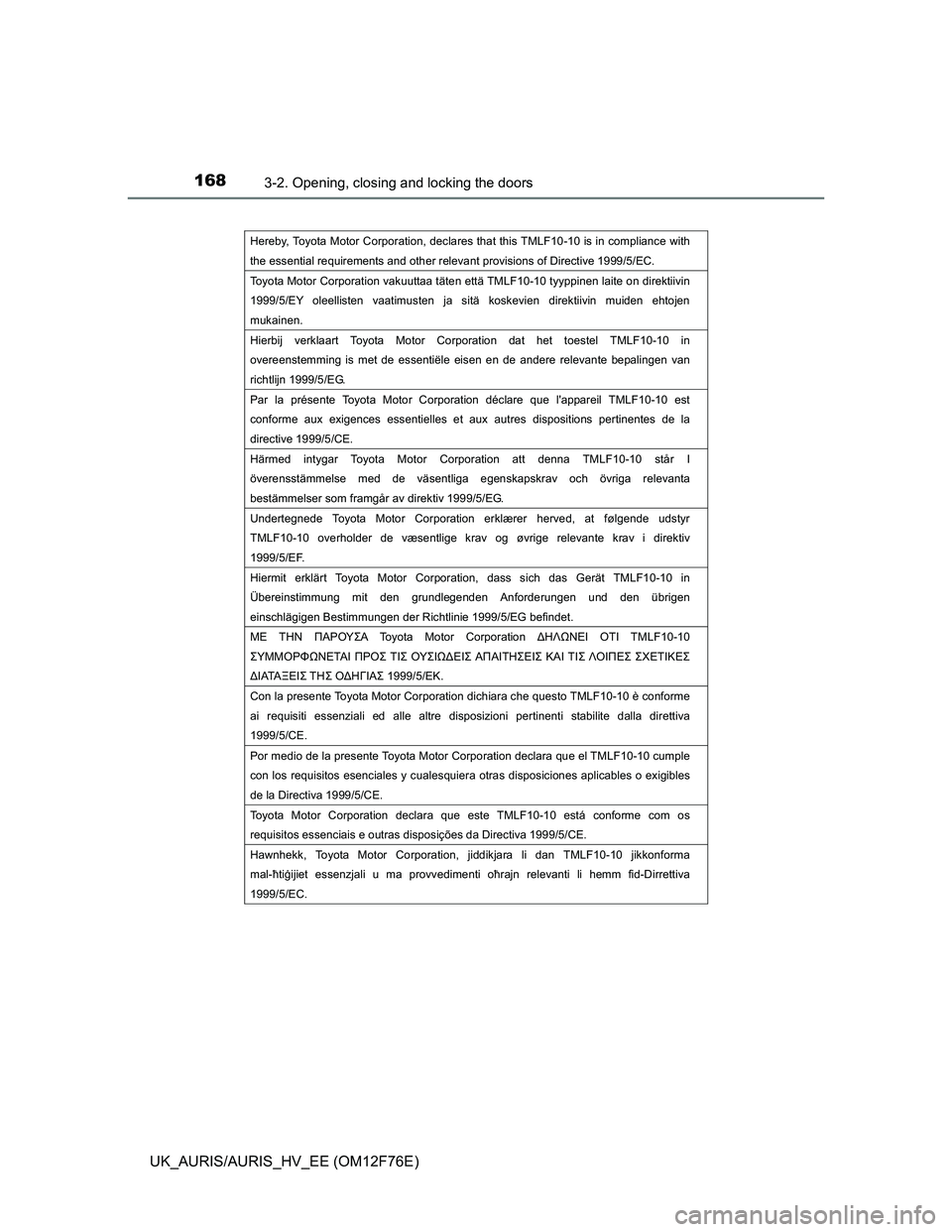 TOYOTA AURIS HYBRID 2013  Owners Manual 1683-2. Opening, closing and locking the doors
UK_AURIS/AURIS_HV_EE (OM12F76E)
Hereby, Toyota Motor Corporation, declares that this TMLF10-10 is in compliance with 
the essential requirements and othe