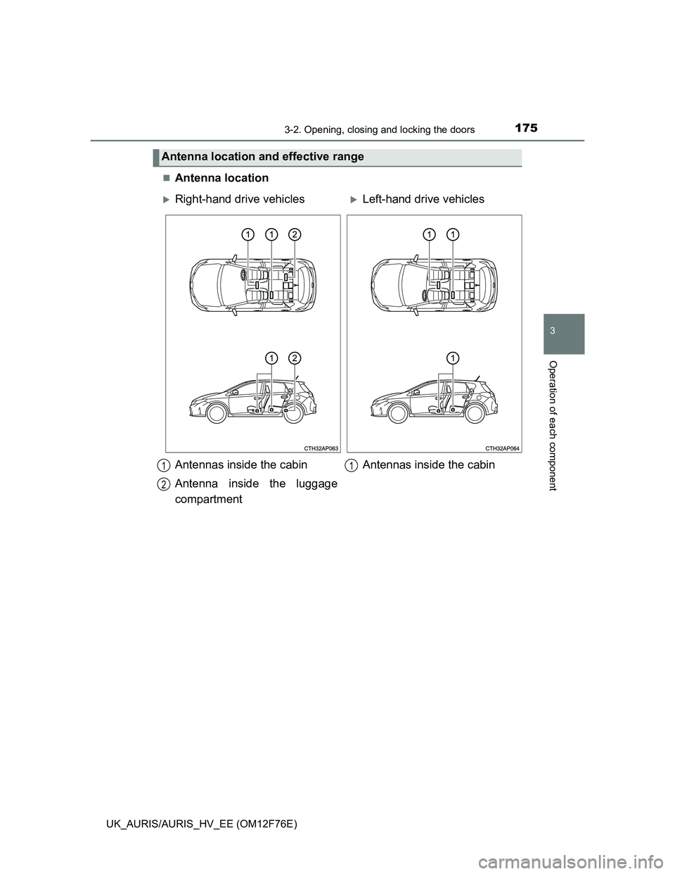 TOYOTA AURIS HYBRID 2013 Owners Manual 1753-2. Opening, closing and locking the doors
UK_AURIS/AURIS_HV_EE (OM12F76E)
3
Operation of each component
Antenna location
Antenna location and effective range
Right-hand drive vehiclesLef TOYOTA AURIS HYBRID 2013 Owners Manual 1753-2. Opening, closing and locking the doors
UK_AURIS/AURIS_HV_EE (OM12F76E)
3
Operation of each component
Antenna location
Antenna location and effective range
Right-hand drive vehiclesLef