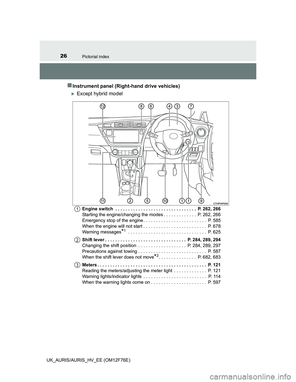 TOYOTA AURIS HYBRID 2013  Owners Manual 26Pictorial index
UK_AURIS/AURIS_HV_EE (OM12F76E)
Instrument panel (Right-hand drive vehicles)
Except hybrid model
Engine switch  . . . . . . . . . . . . . . . . . . . . . . . . . . . . . . . . 