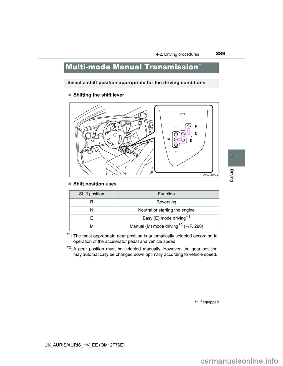 TOYOTA AURIS HYBRID 2013  Owners Manual 2894-2. Driving procedures
UK_AURIS/AURIS_HV_EE (OM12F76E)
4
Driving
Shifting the shift lever
Shift position uses
*1: The most appropriate gear position is automatically selected according to
op